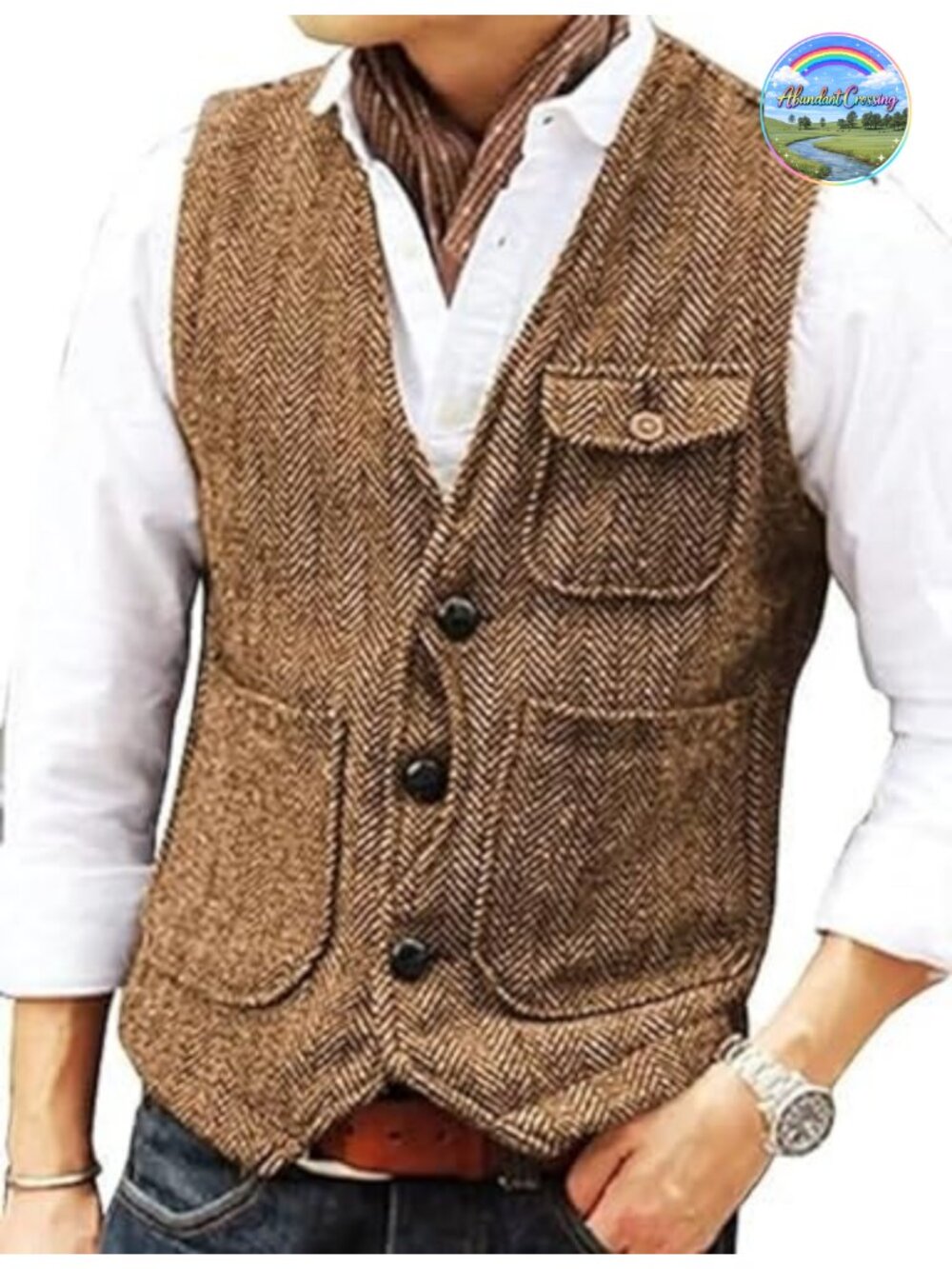 Men's V-Neck Herringbone Tweed Vest Slim Fit Wedding Groomsman Waistcoat